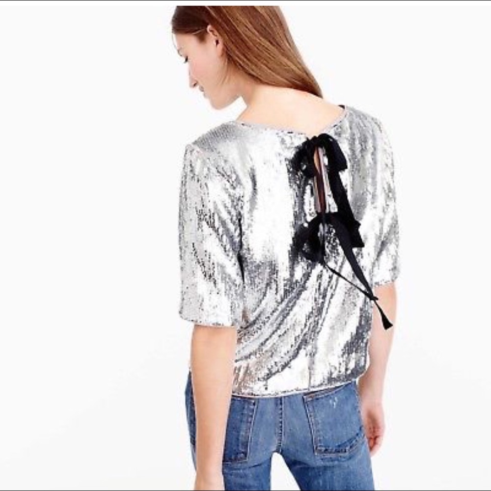 J crew sequin party top with grosgrain ties silver